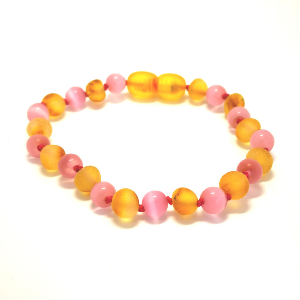 Unpolished Honey Amber and Pink Cats Eye Mix Bracelet / Anklet